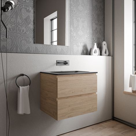 BERNSTEIN - Mobile lavabo sospeso MDF rovere miele, lavabo Ghisa nero opaco senza foro rubinetto - 60x46x50cm - AVA BRUSSELS	Rovere Miele Oro, Nero opaco senza foro per rubinetto