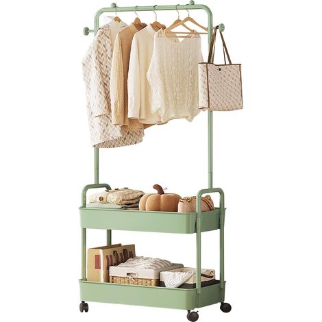 Porte Manteau De Vêtements En Métal Avec Paniers De Rangement Multi-Couches Et Cintres Indépendants Mobiles Avec Support De Poulie Petit Espace De Vêtements Modernes Vert Matcha