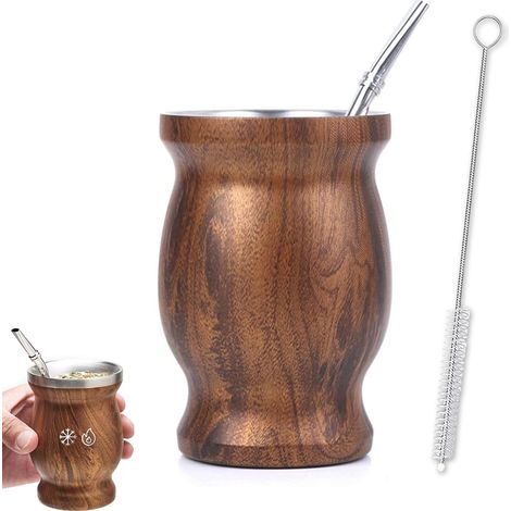 Mate, Taza, Juego de Mate de 230 ml, con Pajita y Cepillo de Limpieza, Juego de Mate de Acero Inoxidable, para Cocinas, Restaurantes, Vetas de Madera (1/5)