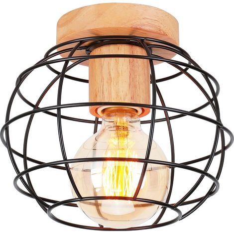 Plafonnier Rétro Lampe De Plafond Modernes Luminaire Plafonnier En Bois Et Métal Plafonniers D'Intérieur Noir Pour Chambre À Coucher Cuisine Salon (1/5)