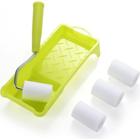 Lot de 4 mini-rouleaux peinture en mousse haute densité + bac et poignées – vert (1/5)