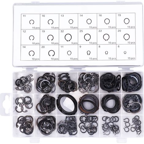 Kit de 225 pièces comprenant des circlips, anneaux élastiques et fixations pour machines et véhicules. (1/5)