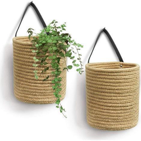 Set mit 2 hängenden Jute-Körben – Kleiner Hängekorb in Form eines geflochtenen Farns – Wanddekoration – 20 cm x 18 cm x 33 cm (1/5)
