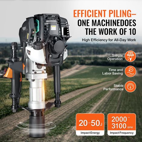 Marteau à pieux thermique 37,7cc 4 temps 1000W, enfonce-pieux clôture avec 2 têtes 55/70 mm, portable pour ferme, ranch et voirie (1/5)
