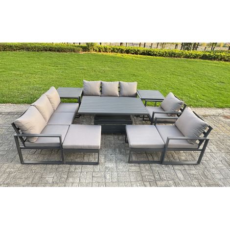 Fimous Garden Aluminium Furniture Set Dark Grey 10 Seater Outdoor Patio Adjustable Rising Lifting Dining Table with 2 Big Footstools 2 Side Tables Dark Grey
