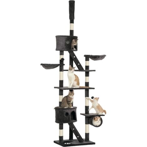 Tiragraffi alto fino al soffitto, 240-260 cm, per gatti di grossa taglia, con corda in sisal grigio scuro per giocare e rilassarsi. (1/5)