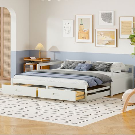 Letto estraibile 90x200 cm bianco in legno con 2 cassetti e rete a doghe (1/5)