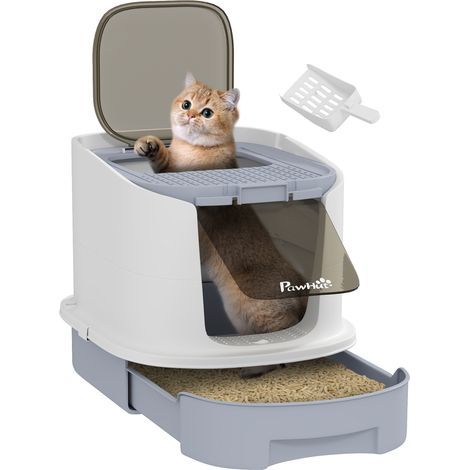Katzentoilette mit geschlossener Tür, durchsichtiger Tür, inklusive Schaufel, 40,5 x 52,5 x 42,5 cm, grau (1/5)