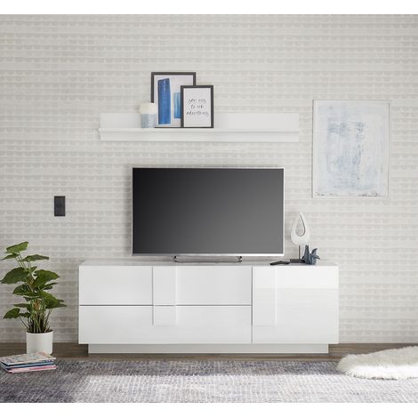 Meuble TV moderne 1 porte/2 tiroirs blanc laqué brillant Uranus