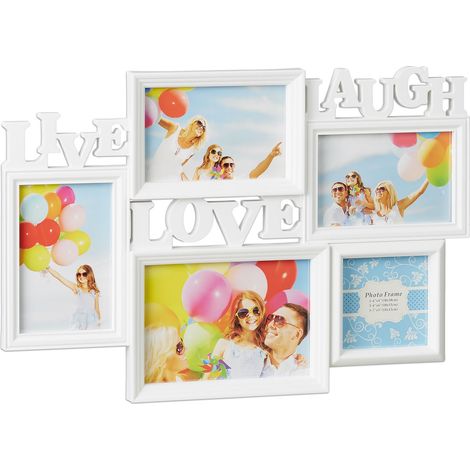 2x Cornice multifoto Live Love Laugh portafoto multiplo 5 foto diverse dimensioni collage 3D 31x45,5, bianco