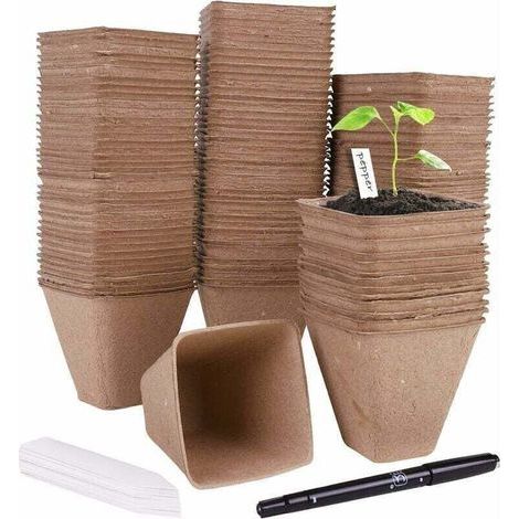 120 Pieces Biodegradable Seedling Pots, 8cm Square Transplanting Pots, XU, Gardening Pot with 30 Plant Labels for Seeds, Vegetables, Flowers, Succulents