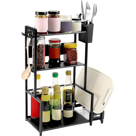 Scaffale Da Cucina 3 Livelli In Ferro Con Porta Utensili E Supporto Tagliere