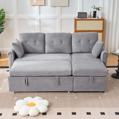Canapé d'angle convertible - Canapé lit 3 places réversible en tissu chenille avec coffre de rangement et poche latérale pour salon - Gris (1/5)