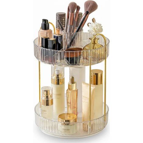 Cosmetic Organizer: 360° Rotating Makeup Organizer, 2 Tiers, Large Capacity, Adjustable, Multifunctional Round Brush Holder, Gift for Women and Girls (Clear-A) (1/5)