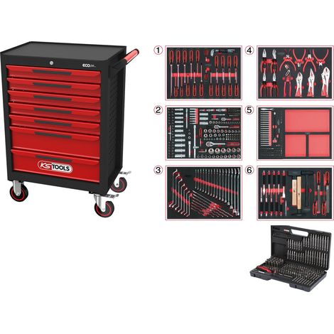 Servante d'atelier ECOline KS Tools NOIR/ROUGE avec 7 tiroirs et 598 outils d'excellente qualité (1/3)