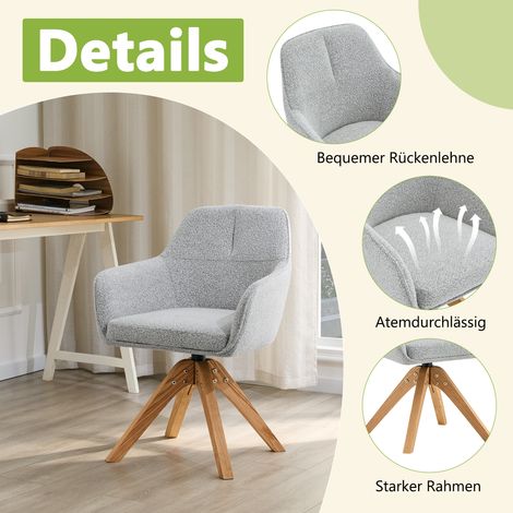 Fauteuil de salle à manger pivotant 360°, lot de 2, pieds en bois massif, revêtu de tissu gris rembourré, assise en mousse, dossier ergonomique, design moderne et élégant. (1/5)