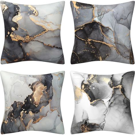 Lot de 4 housses de coussin décoratives en velours doux effet marbre pour canapé, chaise, chambre à coucher, salon, 45 x 45 cm, gris, noir et doré (1/5)