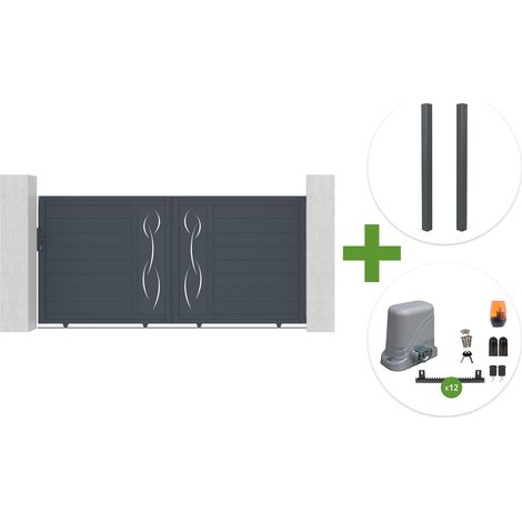 Portail coulissant 3m LIFE H.140cm aluminium gris + 2 poteaux ELDA + motorisation Tanker C600 (1/5)