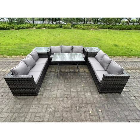 Fimous 9-Sitzer Gartenmöbel Lounge Sofa Set mit Patio Esstisch 2 Beistelltischen Dunkelgrau Gemischt (1/5)