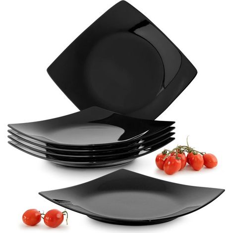 6 assiettes plates céramique, design moderne carré, vaisselle noir lave-vaisselle et micro-ondes pour cuisine contemporaine