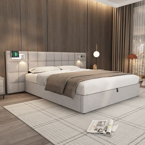 Lit rembourré 180×200cm gris lin,hydraulique,USB et recharge sans fil,lampe lumineuse,rangement,support lattes bois,montage simple