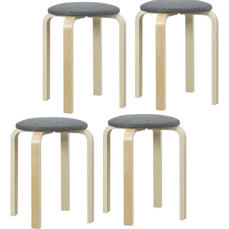 Lot de 4 tabourets empilables ronds pour salle à manger, assise en tissu effet lin gris (1/5)