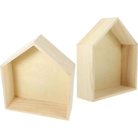 Lot de 2 Étagères Murales en Bois Massif Forme Maison, Finition Bois Naturel, Taille Moyenne, Décoration Murale pour Chambre D'garçon et Filles et Salon, Rangement Pratique et (1/5)