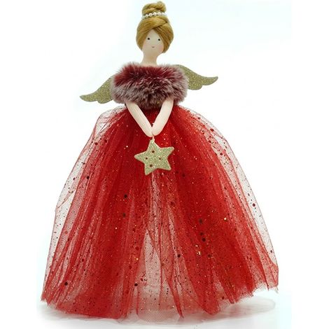 Puntale Angelo Rosso 30 cm per Albero di Natale in Tulle e Piume con Brillantini Oro e Stella Scintillante Decorazione Natalizia Elegante per Cima Albero e Centrotavola (1/5)
