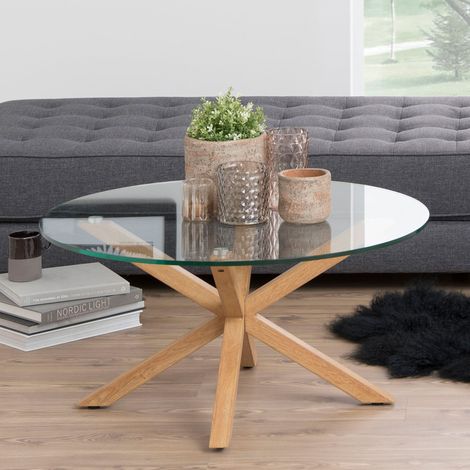 Table basse ronde 82x82x40 cm en verre et métal décor chêne - BUGGIO (1/5)