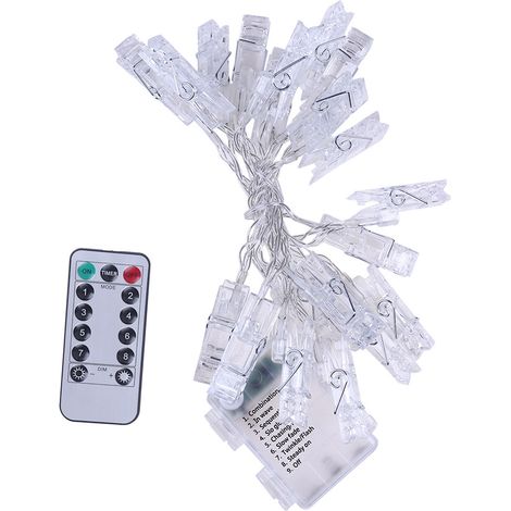 Guirlande lumineuse décorative de 2,1 m avec 20 LED, pinces photo, télécommande et boîtier à piles (blanche) (1/5)