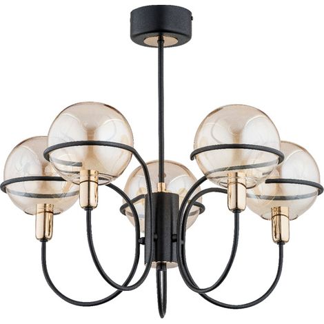 Alfa PETRA 5-Light Classic Ceiling Lamp, Black Metal with Gold Accents, 5 Glass Globe Shades, E14 Max 10W, Dimmable Compatible, 59cm Living Room Bedroom (1/2)