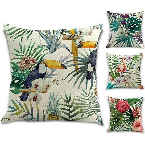 Set di 4 federe decorative 50x50 cm con motivi tropicali assortiti.