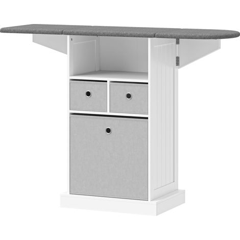 Mobile Asse da Stiro Pieghevole 121x37x89,5 cm a Rotelle con Ripiano Aperto e 3 Cassetti in MDF Bianco e Grigio (1/5)
