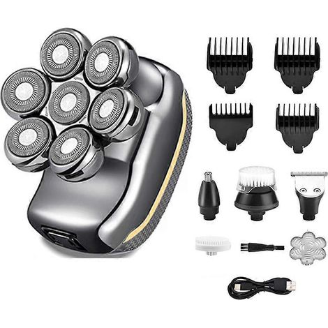 Rasoir électrique pour crâne chauve - Étanche, sans fil, avec kit de soin 6 en 1, tondeuse nez et barbe (1/5)