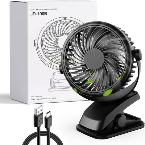 Mini Ventilateur Pince Silencieux, USB C Ventilateur Portable, Petit Ventilateur Bureau 3 Vitesses, Rechargeable Batterie Ventilateur de Table pour Chambre Poussette Camping Voiture Voyage (1/5)