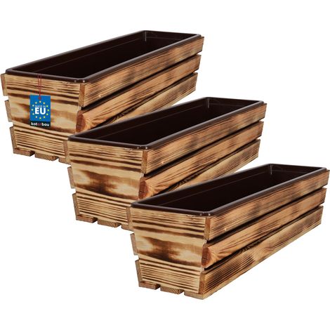 KOTARBAU® Lot de 3 Jardiniere Extérieur - Bac à Fleurs - avec Insert Plastique - Jardiniere Rectangulaire - 60x18x15 cm - pour Terrasse - Jardin - Décoration Extérieure - Rustique (1/4)
