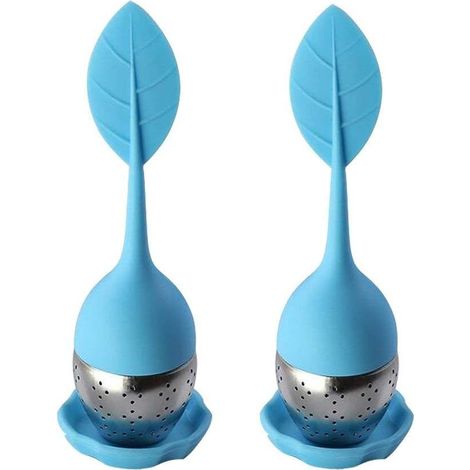 Infuser/infuseur de thé/Filtre diffusseur/passoire a thé à Forme de Feuille de Thé, infuseur réalisé en Silicone à 100% Alimentaire et en INOX de Haute Qualité, Lot de 2 pcs(Bleu), (1/2)