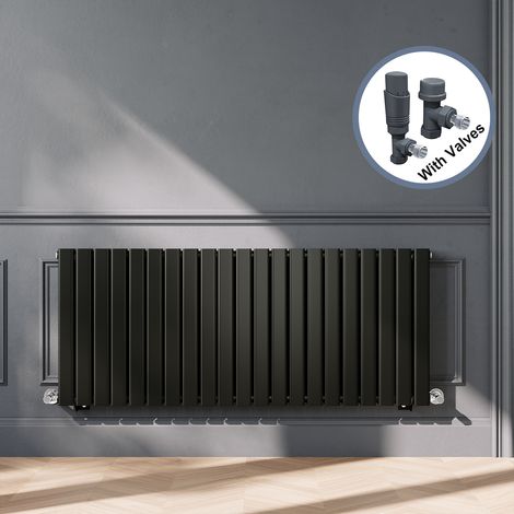 ELEGANT Designer Black Double Panel Horizontal Radiator 600 x 1428mm with Anthracite Angled Thermostatic Radiator Valves (1/5)