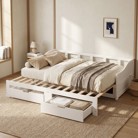 Divano letto, Letto estraibile 90/180x200 cm, con 2 cassetti, Struttura in legno, Bianco (1/5)