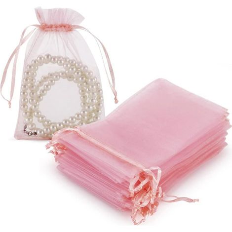 Lot de 100 sachets cadeaux roses en organza avec cordon de serrage – 7 x 9 cm – Maille en polyester – Emballage cadeau (1/4)