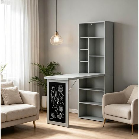 Scrivania a muro pieghevole con ripiano e lavagna, MDF e pino, grigio scuro/nero, OKWISH (1/5)