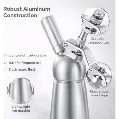 Distributeur de crème fouettée, récipient à crème fouettée de 500ml avec corps et tête en aluminium solide, appareil à crème fouettée avec 3 buses de décoration, utilise des cartouches N2O standard de