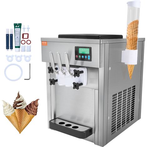 VEVOR Máquina de Helados Comercial 20 L/h 1800 W 3 Sabores Máquina para Hacer Helados 2 Tolvas de 4 L Independiente Pre-Refrigeración Limpieza Automática para Restaurante Bar Mercado Tienda