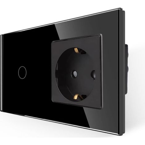 Prise avec interrupteur lumineux noir, interrupteur tactile en verre avec prise Schuko encastrée, interrupteur mural 1 voie 1 pôle avec LED d'état, 500 W/prise (1/5)