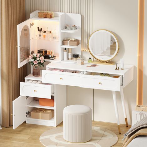 Espace Beauté et Rangement Optimisé Coiffeuse Blanche Extensible avec Miroir LED 3 Modes Vitrine et Tiroirs (1/5)