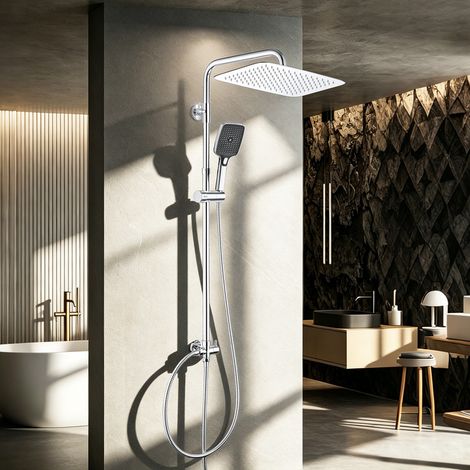 JOHO – Colonne de douche sans mitigeur en acier inoxydable chromé – Douche pluie XXL rectangulaire 35x25 cm – Douchette à main 11x11 cm 3 jets – Installation facile sur robinetterie existante – Économ (1/5)