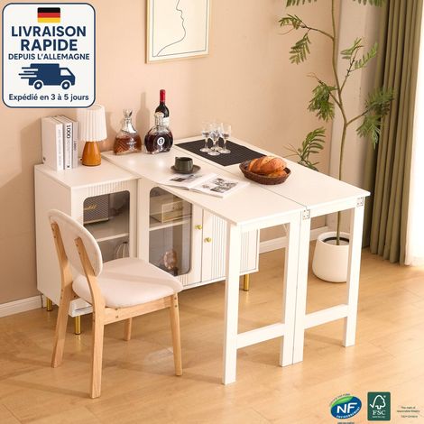 Buffet 116x40x78,5 cm, meuble de salle à manger avec table extensible pliante, pieds en métal, porte coulissante en verre, étagères réglables, blanc (1/5)