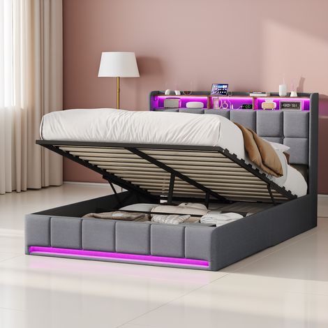 Polsterbett 160x200 cm, Doppelbett mit Hydraulischem Stauraum, mit LED und USB-Ladestation, Modernes Jugendbett, Bett mit Kopfteil und Lattenrost, Leinen Grau, Ohne Matratze (1/5)
