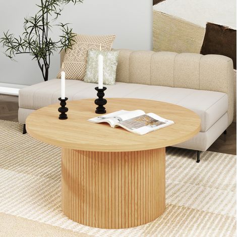 Table basse ronde 90x90x45 cm en MDF et bois naturel, piètement strié, gain de place – MEUBLIV (1/5)
