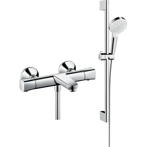 HANSGROHE Ecostat Mezclador termostático de baño universal cromado + pack rociador Crometta 2 chorros + flexible + barra